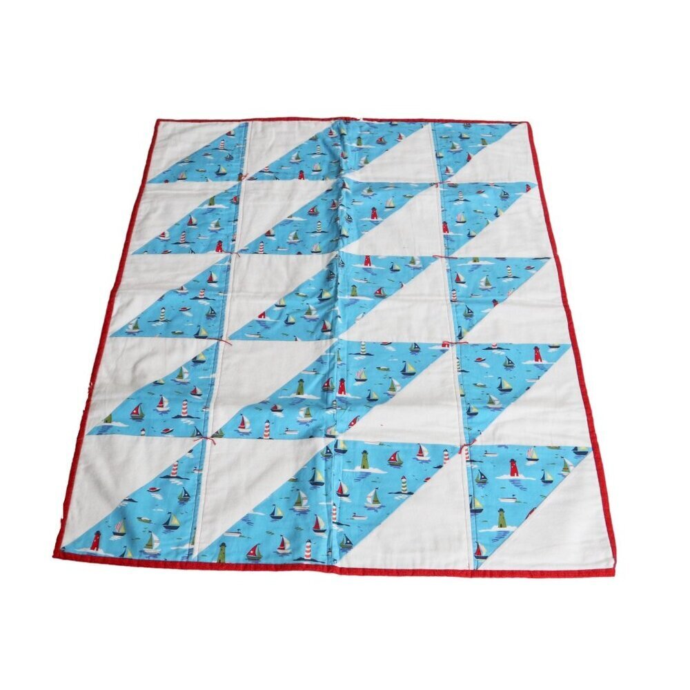Vintage Handmade Baby Crib Blanket Sailboats Flannel Cotton Lighthouse